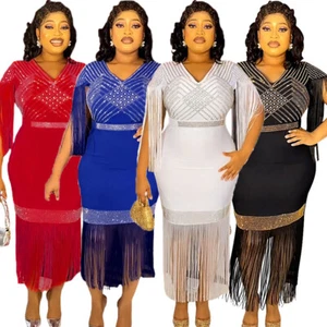African Dashiki Women Tassel Bodycon Maxi Dress Abaya Party Gown Evening Wedding - Picture 1 of 35
