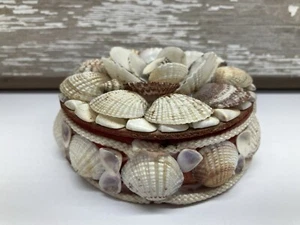 Vintage Runde Muschel Volkskunst Muschel Schmuck Box Behälter Rot Futter - Bild 1 von 10