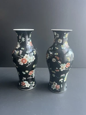 paire de vases en Porcelaine De Chine Famille Noire Antique Chinese Chinois - Photo 1/4