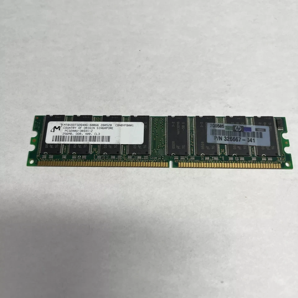 Micron HP 256MB DDR Non ECC PC-3200U 400Mhz DIMM MT8VDDT3264AG-40BG6 326667-041 - Image 1 of 1