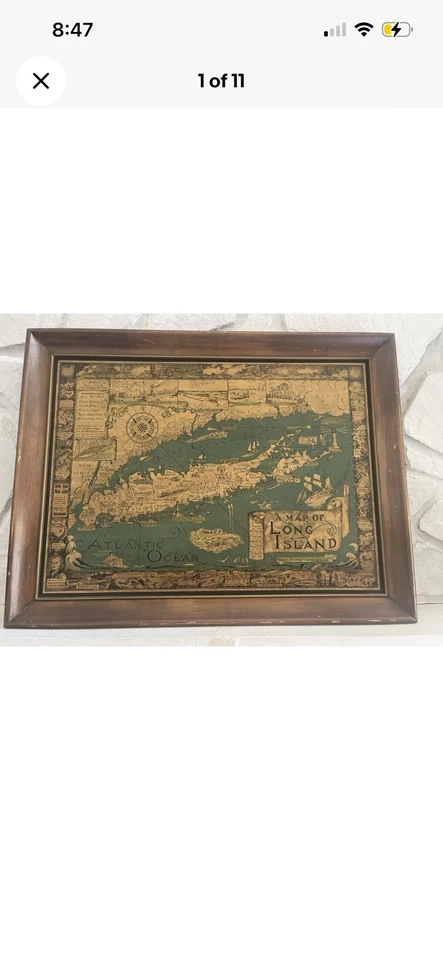 Vintage map Long Island by Courtland Smith Mounted On wood & Framed 24 x 33 - Image 1 of 4
