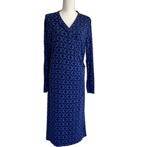 Boden Wrap Dresswomens Size 16L Blue Black Jersey Long Sleeve Stretch BOHO Comfy - Picture 1 of 13