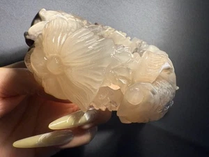 Natural Mongolian Jade Sculpture/Shetei Cui/Hand Craved Lotus and Fish - Picture 1 of 18