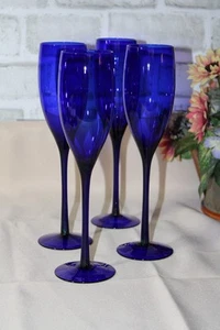Vintage Set of 4 Libbey Cobalt Blue Glass 9” Long Stem Champagne/Wine Flutes - Picture 1 of 3