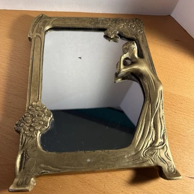Vintage Antique Lady By The Lake Brass Art Nouveau Vanity Mirror Woman Flowers - Image 1 of 4