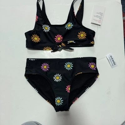 Antiguo conjunto de 2 piezas de bikini azul marino talla 10-12 para niñas negro margaritas traje de baño corbata frontal nuevo con etiquetas Foto 1 de 4