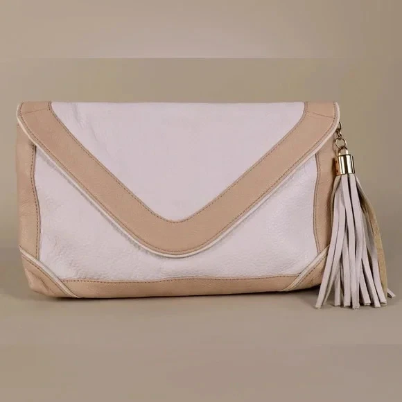 TRINA TURK  Large Cream and Tan Envelope Clutch Purse - Image 1 of 4