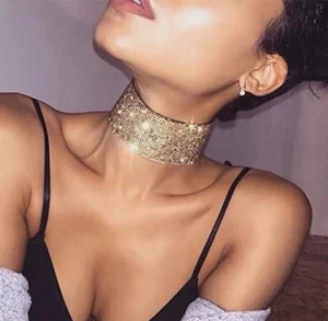 Vivian&CD Gold Chunky Rhinestone Choker Necklace 12 Rows parties proms - Picture 1 of 6