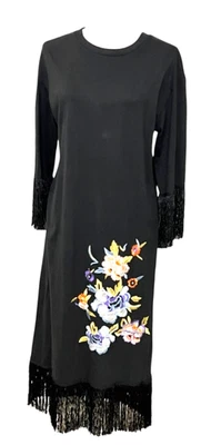 ZARA Trafaluc Floral Embroidered Fringe Dress Women’s Small Black Boho Festival - Image 1 of 4