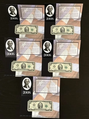 5 Consec 2008 $2 Bills NY B - Sealed Red Gift Sleeves UNC Christmas Stuffer   - Image 1 of 4