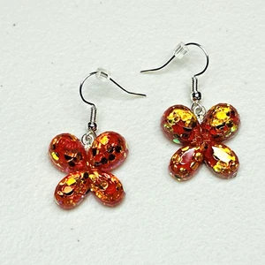 Red Acrylic Yellow Glitter Butterfly Earrings Silver Tone Pierced Insect Jewelry - Picture 1 of 6