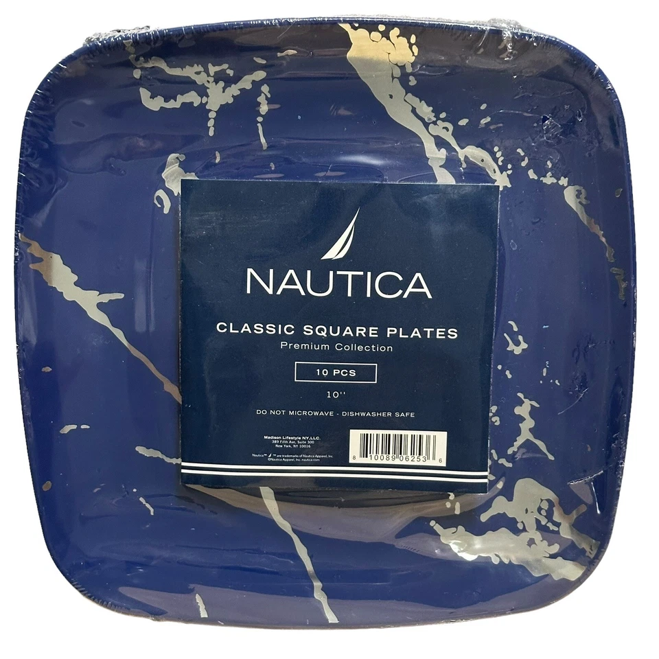 NAUTICA Plastic Square Plates Navy Silver Marbled 10 In Dinnerware 10 Piece Set - Image 1 of 4
