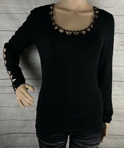Boston Proper Sweater XS Solid Black Crochet Neck Open Knit Sleeves Sexy Unique - Picture 1 of 12
