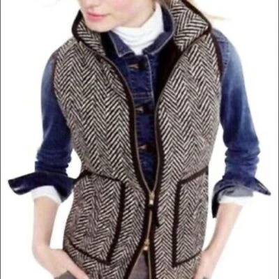 J. Crew Cream Black Herringbone Down Puffy Quilted Vest - Image 1 of 4