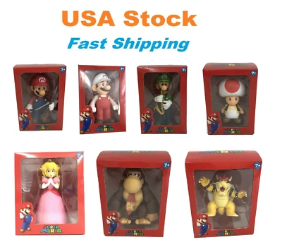 Super Mario Figures 5" w Box Mario Luigi Yoshi Princess Donkey Kong Toad Bowser  - Image 1 of 4