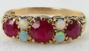  9K 9CT GOLD INDIAN RUBY OPAL ART DECO INS ETERNITY HALF HOOP RING FREE RESIZE