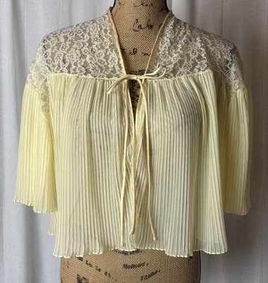Vintage Barbizon Ariel Bed Jacket Yellow Pleated White Lace Sheer Cropped Sz M - Image 1 of 4