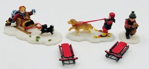 O'Well Christmas Village Figures Kids w/ Dogs Sledding Skiing Golden Retriever - Picture 1 of 7