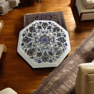 White Marble Coffee Table with Semi-Precious Inlay - Floral Art Design Furniture - Picture 1 of 9