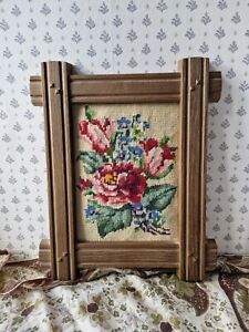 Vintage Framed Tapestry Needlepoint Floral Flowers Roses