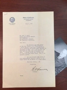 EARL WARREN BRIEF SIGNIERT VOM OBERSTEN GERICHTSHOF DER USA, GOV. CALIFORNIA - Bild 1 von 1