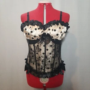 Beige Polka Dot Black Lace Corset Lace Up Gothic Lolita - Picture 1 of 10