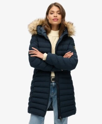 Superdry Womens Fuji Faux Fur Hooded Mid Length Puffer Jacket  Navy Blue Quilted - Image 1 of 4