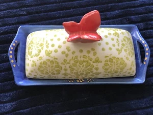 Pier 1 One Hand Painted Blue Ceramic Butter Dish With Red Butterfly Handle  - Picture 1 of 7
