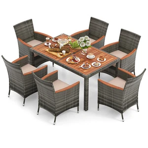 7 Pieces Outdoor Wicker Dining Set Table and 6 Chairs with 1.96" Umbrella Hole - Picture 1 of 10