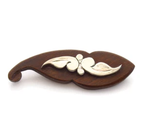 Wood Brooch Leaf Scroll Pin Silver Tone Accent Vintage Carved Artisan Look - Picture 1 of 6