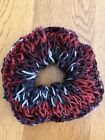 Hand Knitted Scrunchie Hair Tie Bun Ring Bobble Topper Double Sided Red Grey