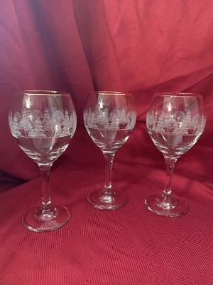 3 Vintage Libbey Frosted Glasses Winter Tree Scenery Wine Water Goblets Gold Rim - Image 1 of 4