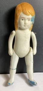 VINTAGE WIRE JOINTED BISQUE PORCELAIN 4 3/4” GIRL DOLL BLUE BOW - Picture 1 of 9