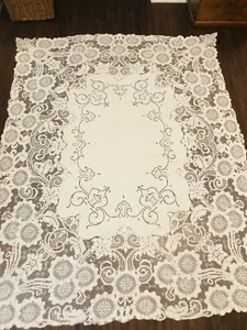"Antiguo mantel hecho a mano bordado corte trabajo lino filete encaje 79"" X 62" - Imagen 1 de 20