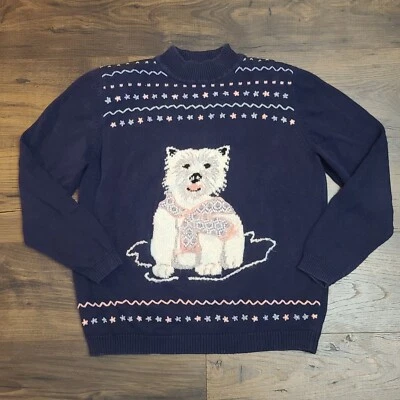 Винтажный женский вязаный свитер с вышивкой ALFRED DUNNER средний темно-синий Westie Dog - Изображение 1 из 4