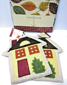 NEW The Harvest Of Home 70" Round Harvest Leaves Tablecloth  W/ 2 Pot Holders - Picture 1 of 12
