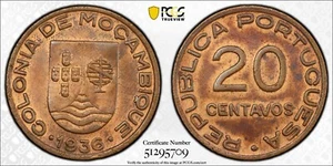 1936 Mozambique [Portugal] 20 Centavos, PCGS UNC Details (Cleaned) - Picture 1 of 1