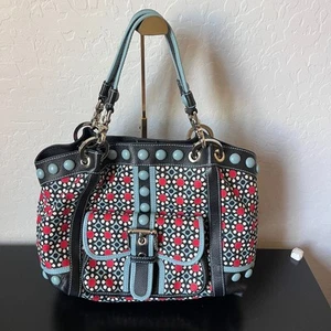 Vtg Isabella Fiore Bag Canvas and Leather Red Blue Pop Art Geometric Boho Large - Picture 1 of 14
