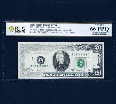1981 $20 FRN Note INSUFFICIENT INKING ERROR PCGS 66 PPQ GEM UNC - Image 1 of 2