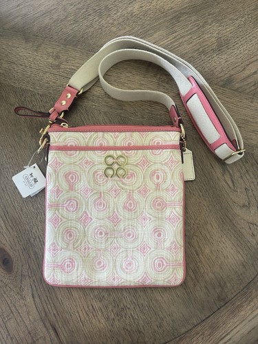 Borsa a tracolla Coach Op Art Audrey rosa corallo crema Swingpack A1173 45572 RARA NUOVA CON ETICHETTE