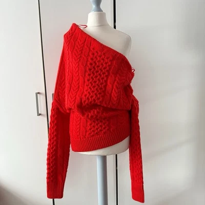 John Lewis A.W.A.K.E. Mode Asymmetric Cable Knit Wool Rich Jumper Red 8 RRP£149 - Image 1 of 4