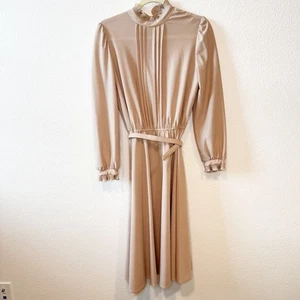 Montgomery Ward Vintage Collared Pleated Taupe Dress - Picture 1 of 10