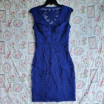 Sue Wong Blue Embroidered Floral Lace Sleeveless Cocktail Party Dress Size 4 - Image 1 of 4