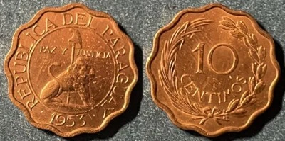 Paraguay 1953 10 Céntimos Lion KM-25 Nickel brass BUNC #13 - US Seller - Image 1 of 2