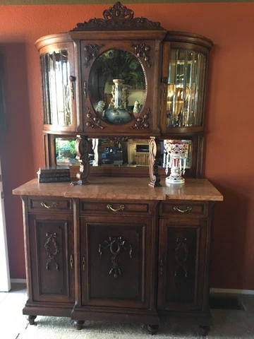 Antique Oak Buffet Elegant Carved flowers  Cabinet Beveled Glass Storage Cover