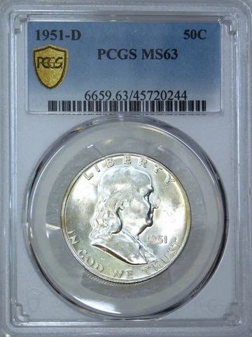 1951-D Franklin Half Dollar PCGS MS63 Frosty White 95% Full Bell Lines PQ #E298A Cover