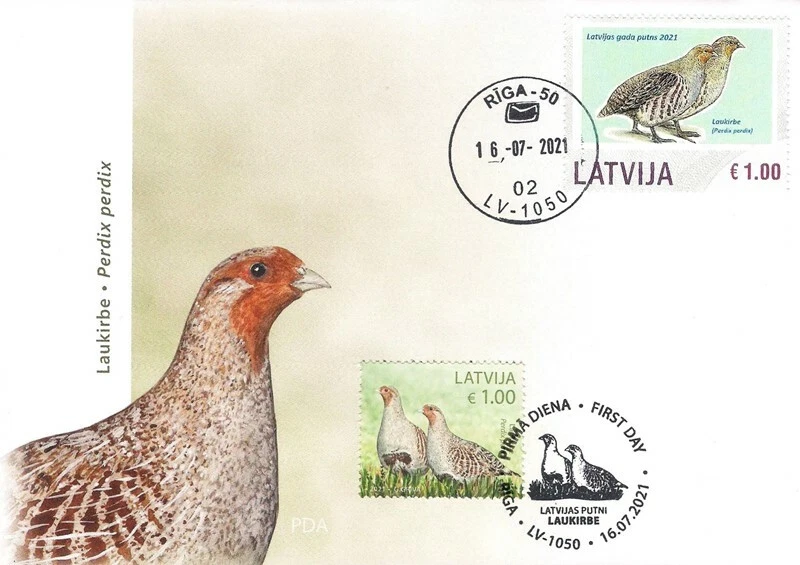 Latvia 2021 (11-1) Birds of Latvia - Grey Partridge + personalized stamp (u.fdc) - Image 1 of 1