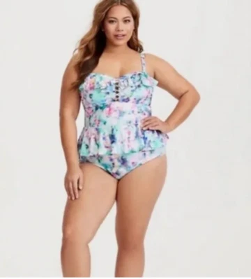 Traje de Baño Torrid Talla 1/1X 16 18 Acuarela Floral Volantes Una Pieza Blanco Azul Foto 1 de 4