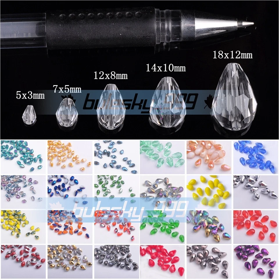 Crystal Glass Teardrop Faceted Loose Craft Beads lot 5x3 7x5 12x8 15x10 18x12mm - Image 1 of 4