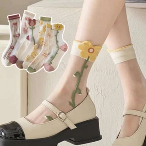 1 Par de Calcetines De Nylon Transparentes Con Estampado Floral Cristal Seda > - Imagen 1 de 21